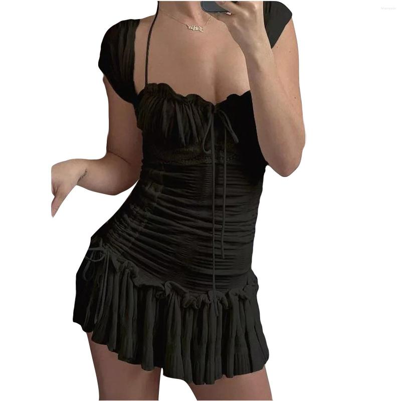 

Casual Dresses Summer Square Collar Elegant Ruched Ruffle Mini Dress Outfits For Women Club Party Lace Up Short Sleeve, Black