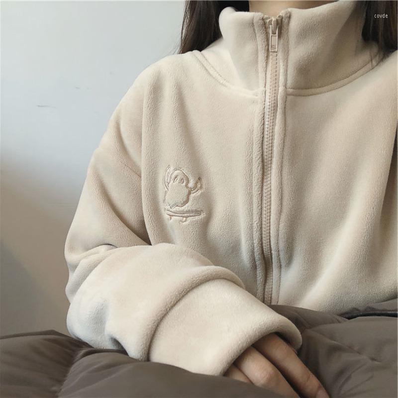 

Women's Hoodies Harajuku Turtleneck Zipper Sweatshirt Women Vintage Casual Oversize Basic Hoodie Female Cute Embroidery Fleece Jacket, Beige