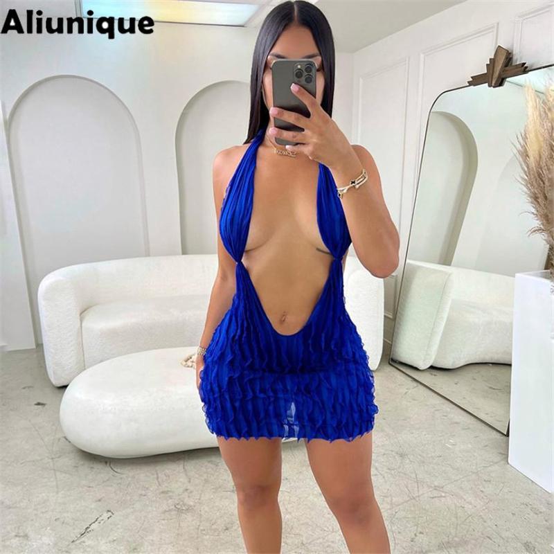 

Casual Dresses Summer Sexy White Hollow Out Backless Halter Package Hip Night Club Dress Women 2023 Bandage Bodycon Mini Mesh Streetwear