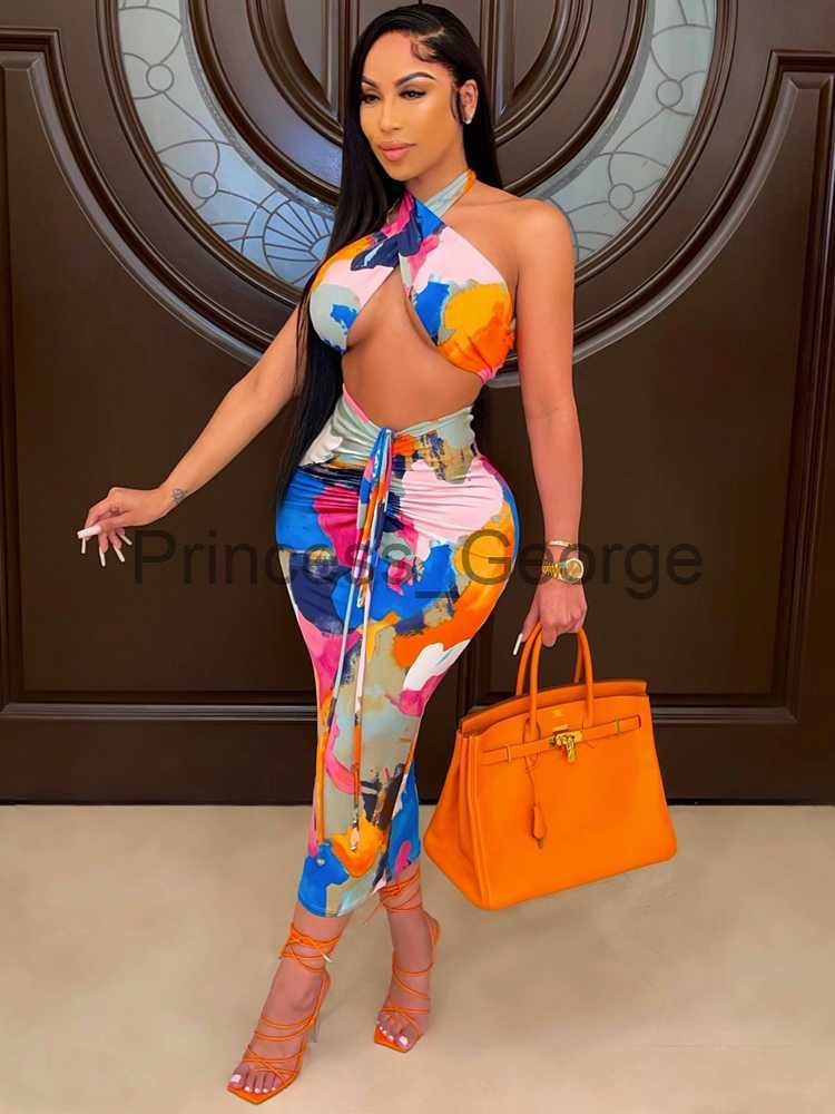 

Party Dresses HAOYUAN Sexy Two Piece Bodycon Midi Bandage Dress Summer Clothes for Women Birthday Outfits Backless Night Club Party Dresses x0629, Blue orange