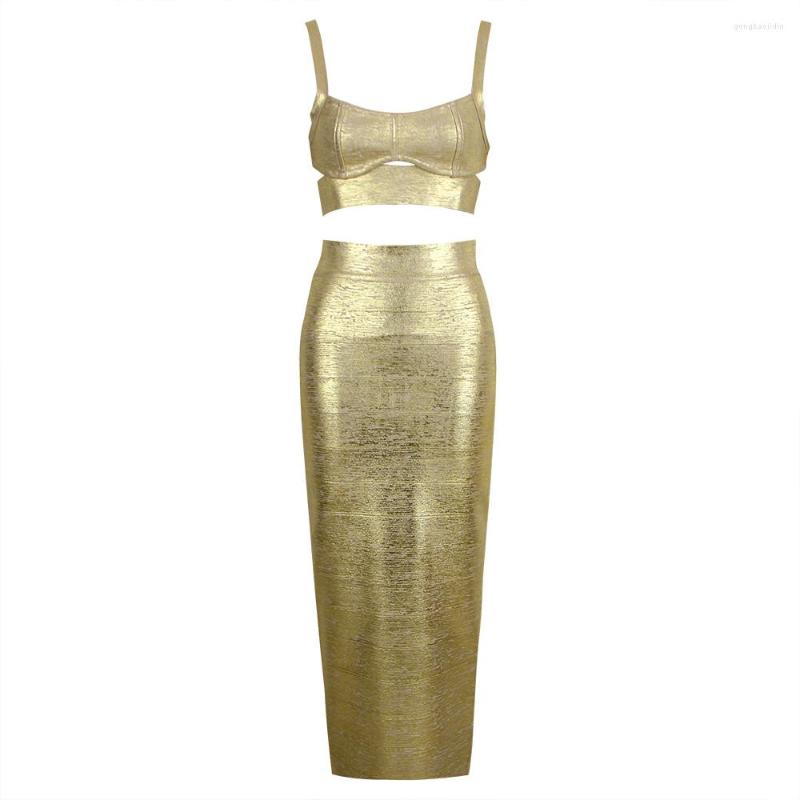 

Work Dresses Women Gold 2 Two Pieces Spaghetti Strap Sleeveless Mid-Calf 2023 Sexy Cut Hollow Out Tops Skirt Bodycon Clothes Elegant Party