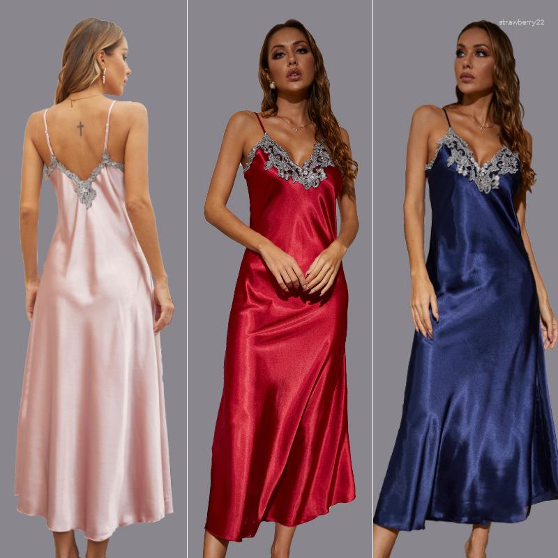 

Women's Sleepwear Plus Size Women Soft Comfortable Satin Lace Nightdress V-Neck Underwear Long Night Dress Pyjamas, 02 pink
