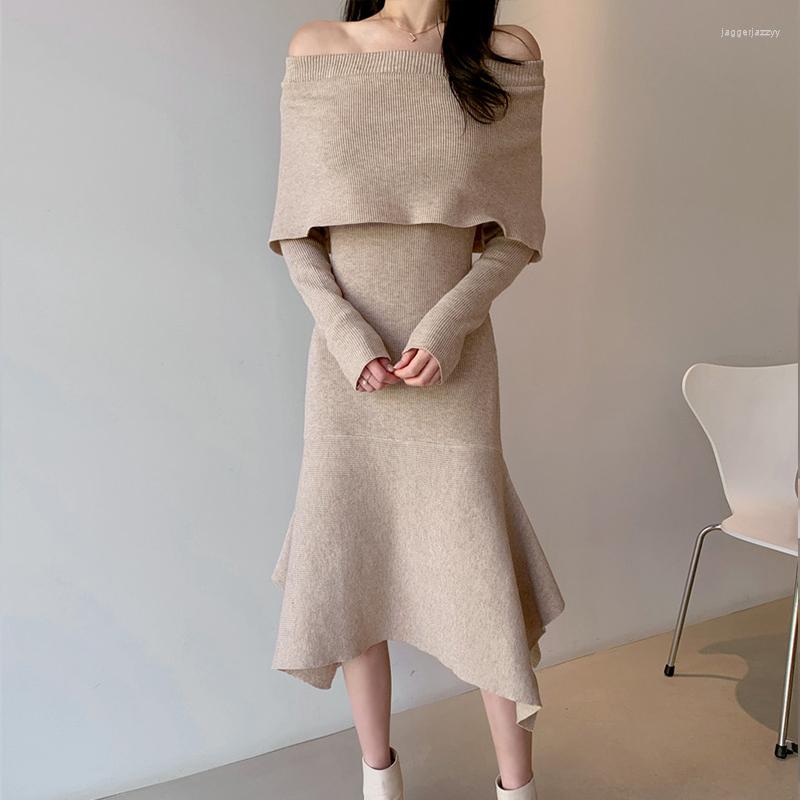 

Casual Dresses Khaki Slash Collar Woolen Dress Women Asymmetrical Autumn Winter Sexy Long Sweater Chic Runway Design Knitwear Lady 2023, Knit-vest