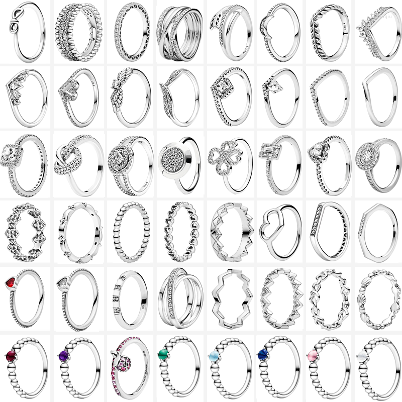 

Cluster Rings The Silver Color Style Flower Feather Beaded Heart Moon Pave Sparkling Pantaro Women Europe 925 Jewelry