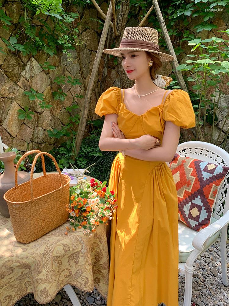 

Casual Dresses French First Love Sweet Shirt Skirt With Waist Wrapped And Thin Square Neck Bubble Sleeves Yellow Dress, Orange