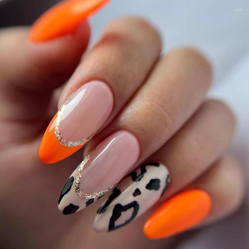 

False Nails Long Stiletto Press On Purple Orange Fake With Leopard Printed Designs Detachable French Almond Nail For Women, Ya