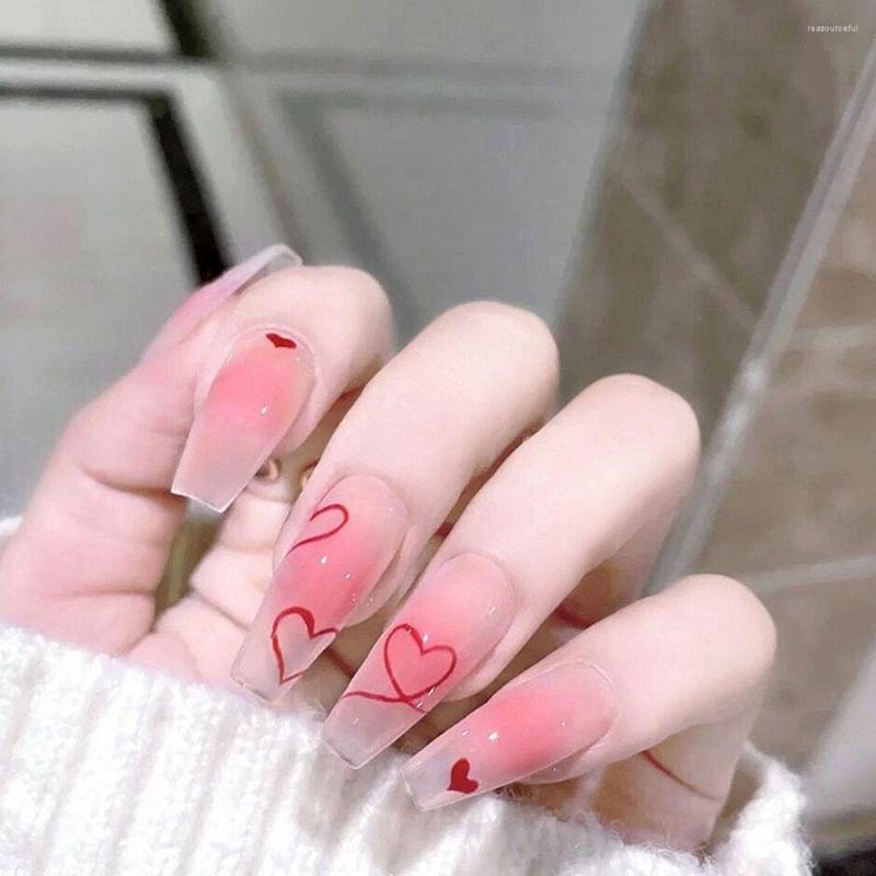 

False Nails 24Pcs Detachable Long Coffin With Pink Cute Heart Designs Ballerina Fake Full Cover Nail Tips Press On, No glue