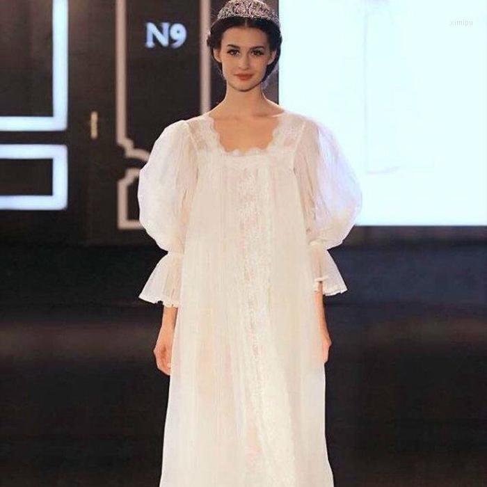

Women's Sleepwear Spring And Summer Fashion Vintage Royal Sexy Nightgown Lace Female Princess Pure White Lounge Full Sweet Fairy Dress
