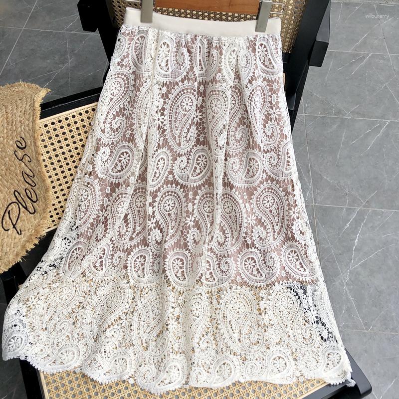 

Skirts Summer Lace Skirt Women High Waist A Line Midi Hollow Out Vintage Flower Elegant Fashion Office Lady Long, 9841 white