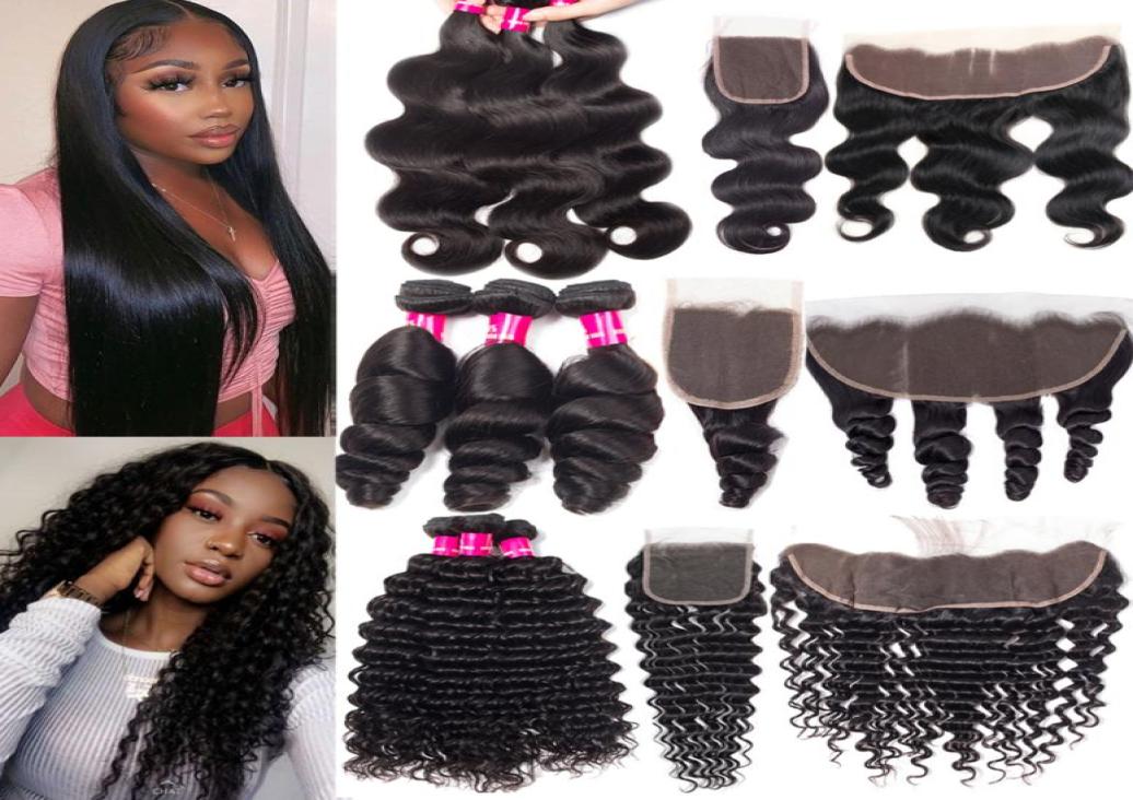 

9A Brazilian Human Hair Weaves 3 Bundles With 4x4 Lace Closure Straight Body Wave Loose Wave Deep Wave Kinky Curly Hair Wefts With1270960, Ombre color