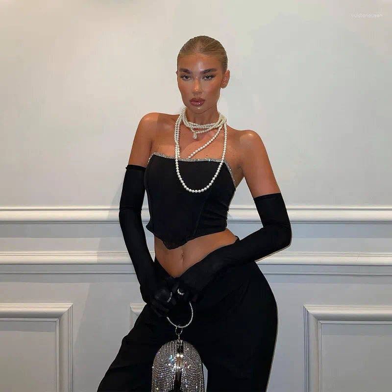 

Women' Tanks Sexy Off Shoulder Strapless Crop Tops With Gloves Chic Women Tank Black Sleeveless Wrap Corsets Bustiers Set