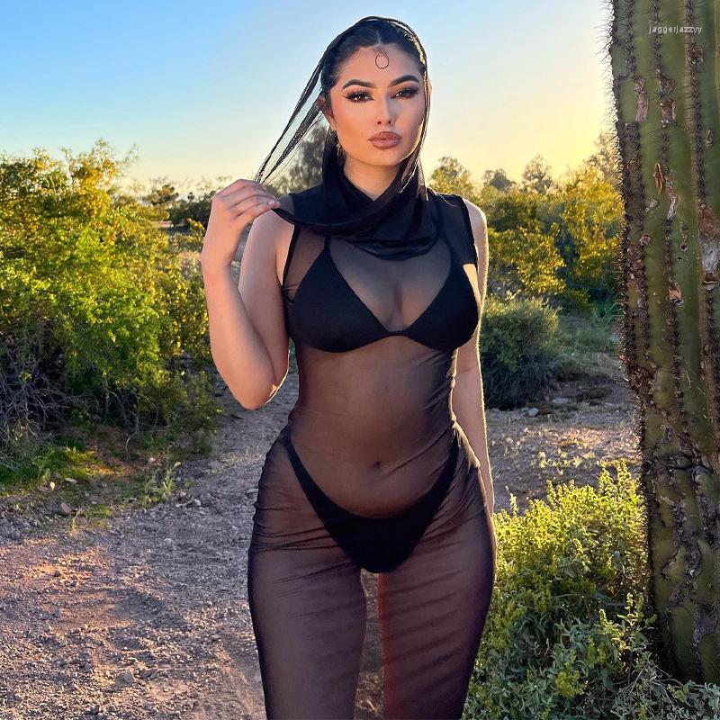 

Casual Dresses Mesh Dress Hooded Transparent Sexy Black Sleeveless Maxi Women's Summer Sundresses Beach Cover Up Female Long