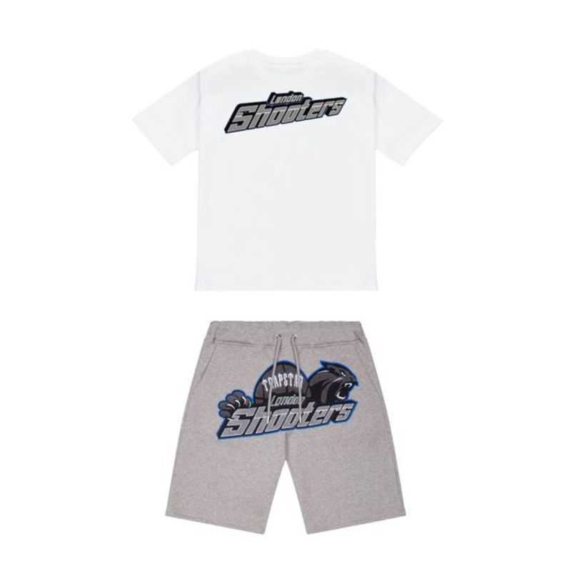 

Summer New Trapstar London Shooter Short-sleeved t Shirt Suit Chenille Decoding Black Ice Flavor Motion Current Round Neck T-shirt Shorts 38ess3njo 1phwq, White shooter suit