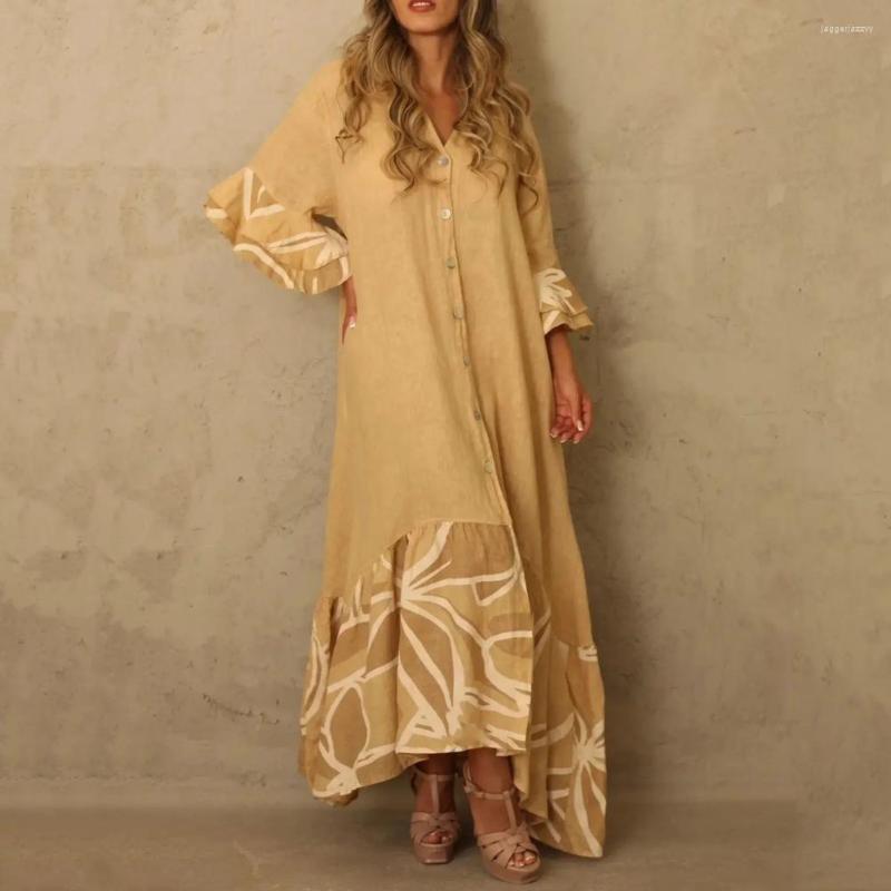 

Casual Dresses Women Maxi Dress Ruffle Loose Big Hem Three Quarter Sleeves Summer Single-breasted Full Length Dating Party, Green