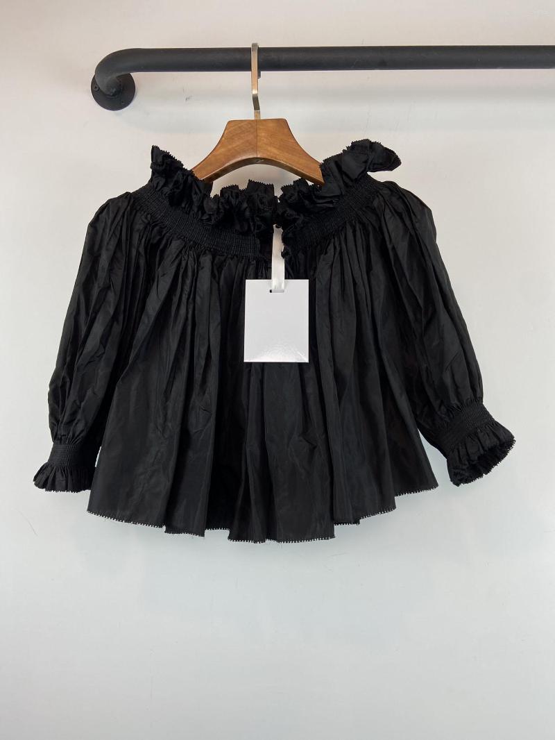 

Women's Blouses Black One-line Shoulder Coat Silk Fabric Fringed Hem Cuff Neckline Elastic Design