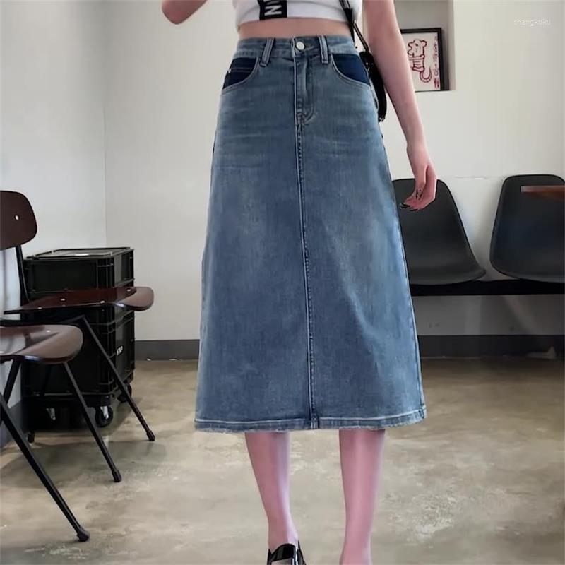 

Skirts 2023 Spring/Summer Women's High Waist Split Denim Skirt Full Size A-line Mid Length Wrap Hip, Blue