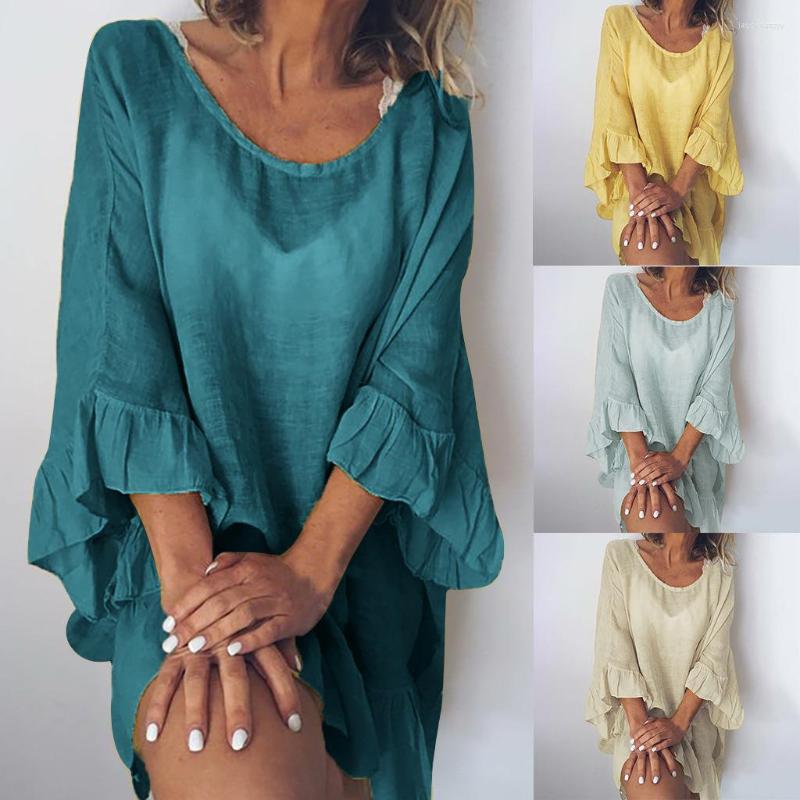 

Casual Dresses O-Neck Dress Elegant Boho Sexy Bikini Solid Loose Linen Party Fashion Splicing Lotus Leaf Sleeve Beach, Gray