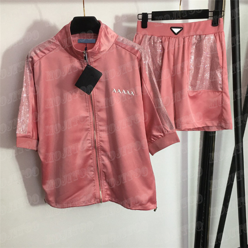 

Metal Badge Jackets Shorts Women Sports Suits Design Sleeve Rhinestone Coats Elastic Waist Casual Short Pants 2PCS Sets, Black