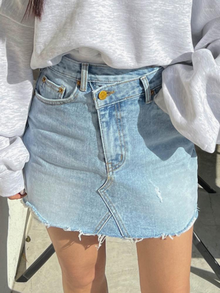 

Skirts Vintage Ripped Irregular Waist Denim Skirt Women Jeans Summer Trend High Street Mini Sexy A Line, Light blue