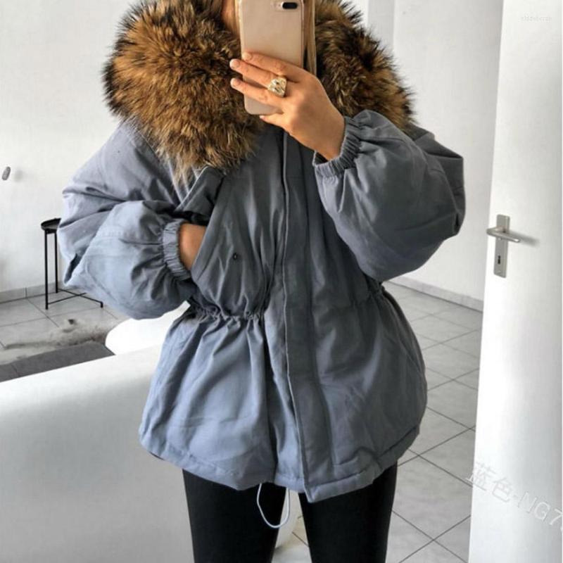 

Women' Jackets Women Winter Big Fur Drawstring Hooded Warm Female Red Black Loose Cotton Jacket Medium Long Parkas Coats 2023