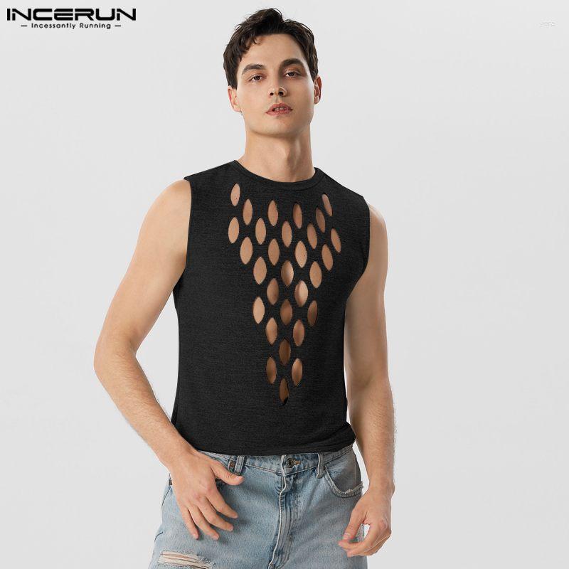 

Men's Tank Tops INCERUN 2023 American Style Men's Fashion Printed Pattern Hollowed Casual Solid Sleeveless Waistcoat, Gray