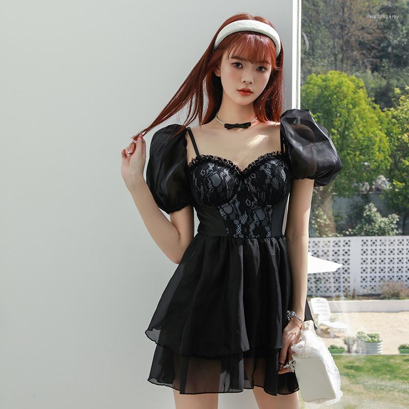 

Women's Swimwear Fashionable Beach Bathing Sexy High Waited One Piece Solid Bikini Set Off Shoulder Black Princess Dress Style