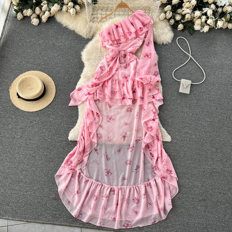 

Casual Dresses Bohemain Summer Long Dress Women Designer Off Shoulder Oblique Floral Print Lace Up Belt Irregular Sleeve Ruffles Maxi Robe, Picture color