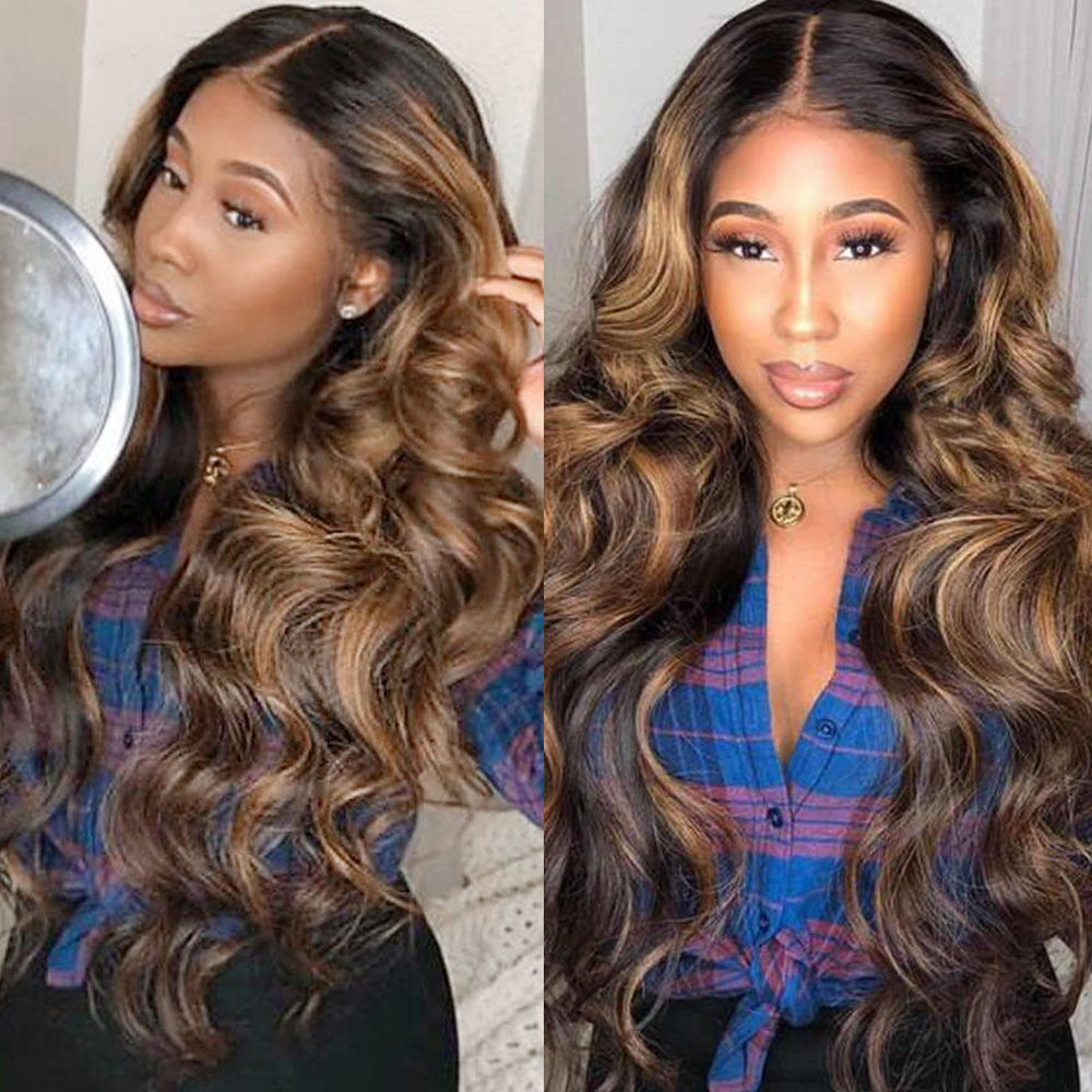 

Body Wave 13x4 Lace Front Wig Brazilian Remy Colored Human Hair Wigs for Women Honey Blonde Highlight Brown T Part Lace Wigs