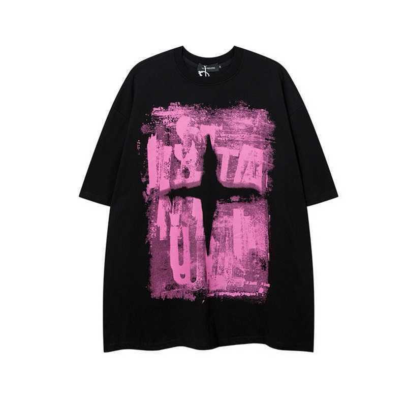 

American retro graffiti letters dark abi style printed short sleeved T-shirts for men and women China-Chic lovers stussys, Black 240g