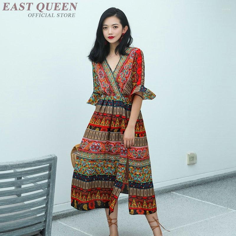 

Casual Dresses Boho Chic Dress Summer Mexican Print Chiffon Sundress Slit Thailand Long Beach Holiday For Women 2023 4832, Beige
