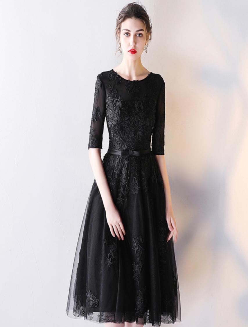 

Bateau Neck Tulle Cocktail Dresses With Lace Appliques Black 2020 Knee Length Party Dress Fast 8809149, Blue