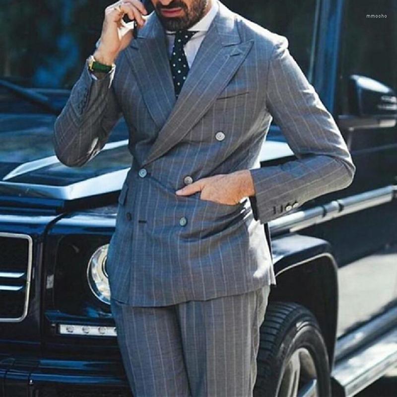 

Men's Suits 2023 Grey Stripe Men Suit 2 Piece Groom Peaked Lapel Slim Fit Double Breasted Blazer Pants Set Tailor Made Male, As image