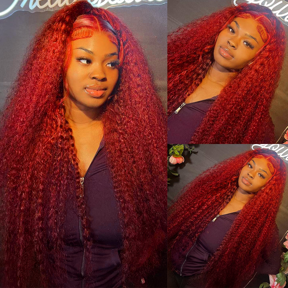

New Design 26 Inch 99J Burgundy Transparent 13X4 Deep Wave Lace Frontal Wig Red Color Brazilian Remy 180% Curly Human Hair Wigs for Women