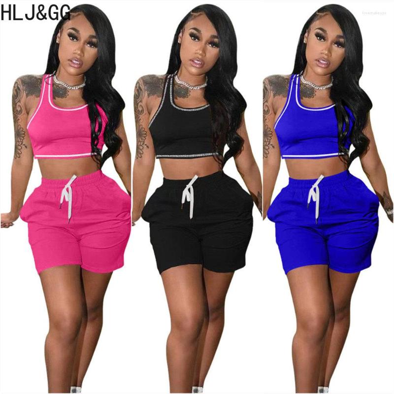 

Women's Tracksuits HLJ&GG Casual Solid Color Matching 2pcs Women Sleeveless Crop Top Shorts Two Piece Sets Summer Sporty Outfits 2023, Pink