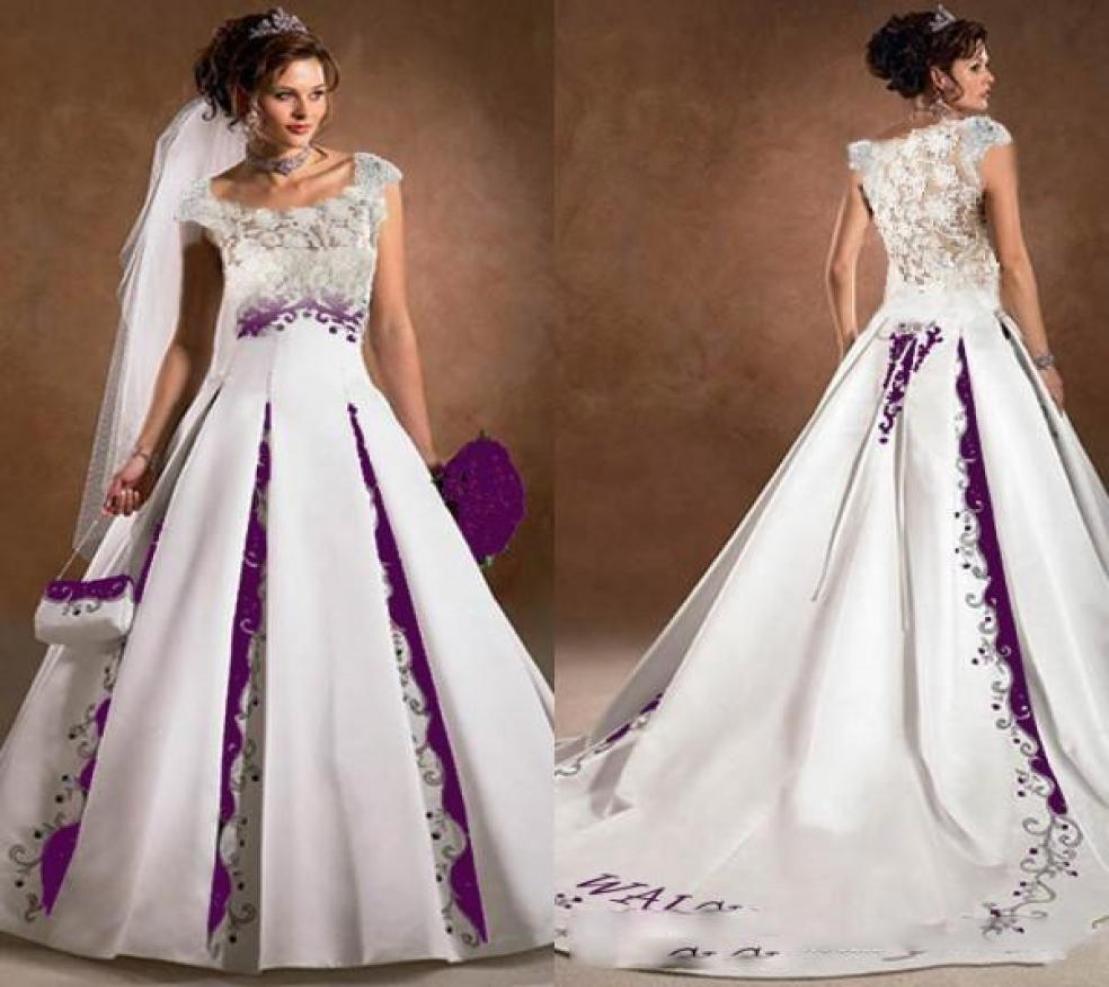 

Purple And White Wedding Dress A Line Satin Lace Embroidery Court Train 2019 Luxury Capped Sleeves Scoop Bridal Wedding Gowns2523936, Ivory