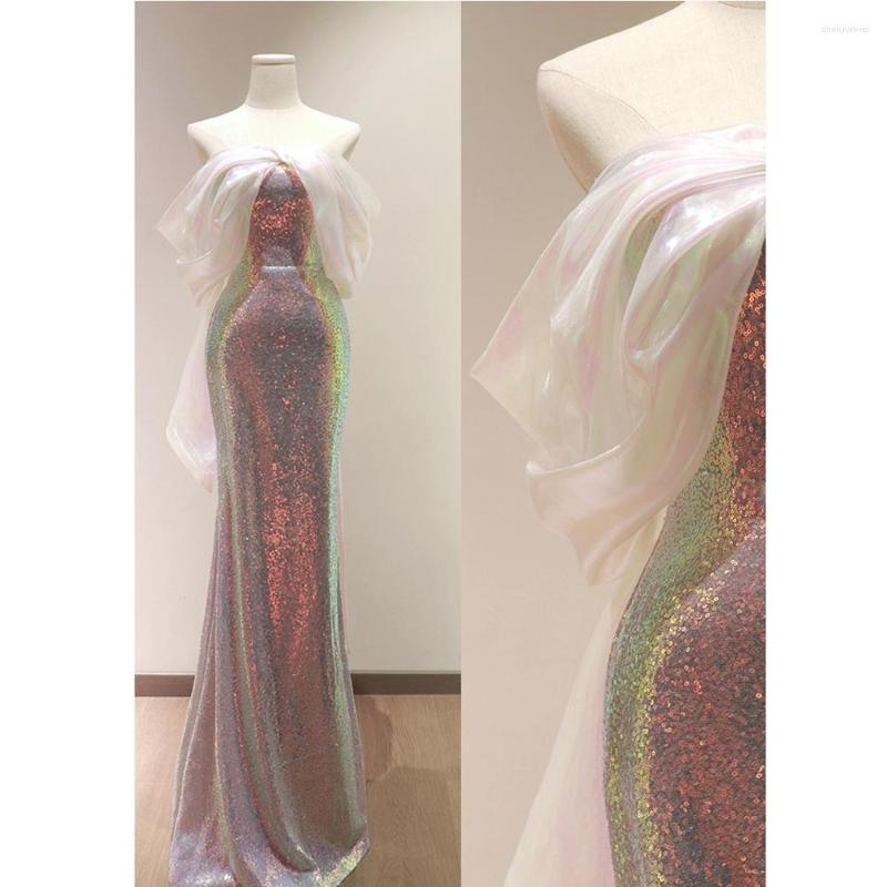 

Party Dresses 2023 Women Prom Dress Luxury Sequined Beaded Mermaid Evening Fashion Tulle Shoulder Strap Style Formal Occasion, Beige