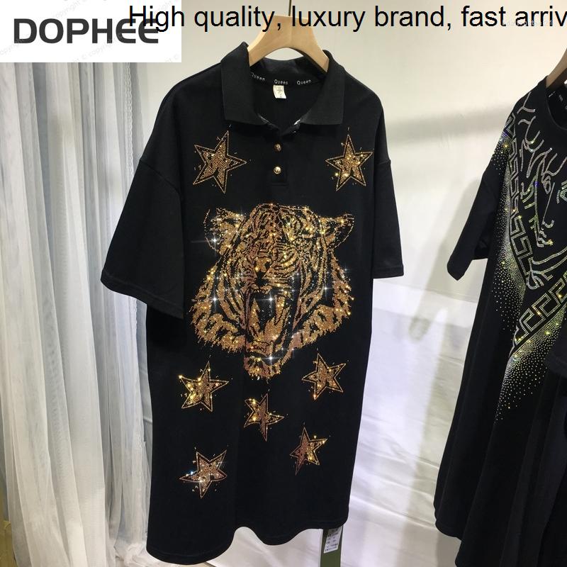 

Women's T Shirts Drilling Trendy Women Tshirts 2023 Summer Loose Turn-down Collar Black Tiger Tees Mid-long Short Sleeve Straight Dresses