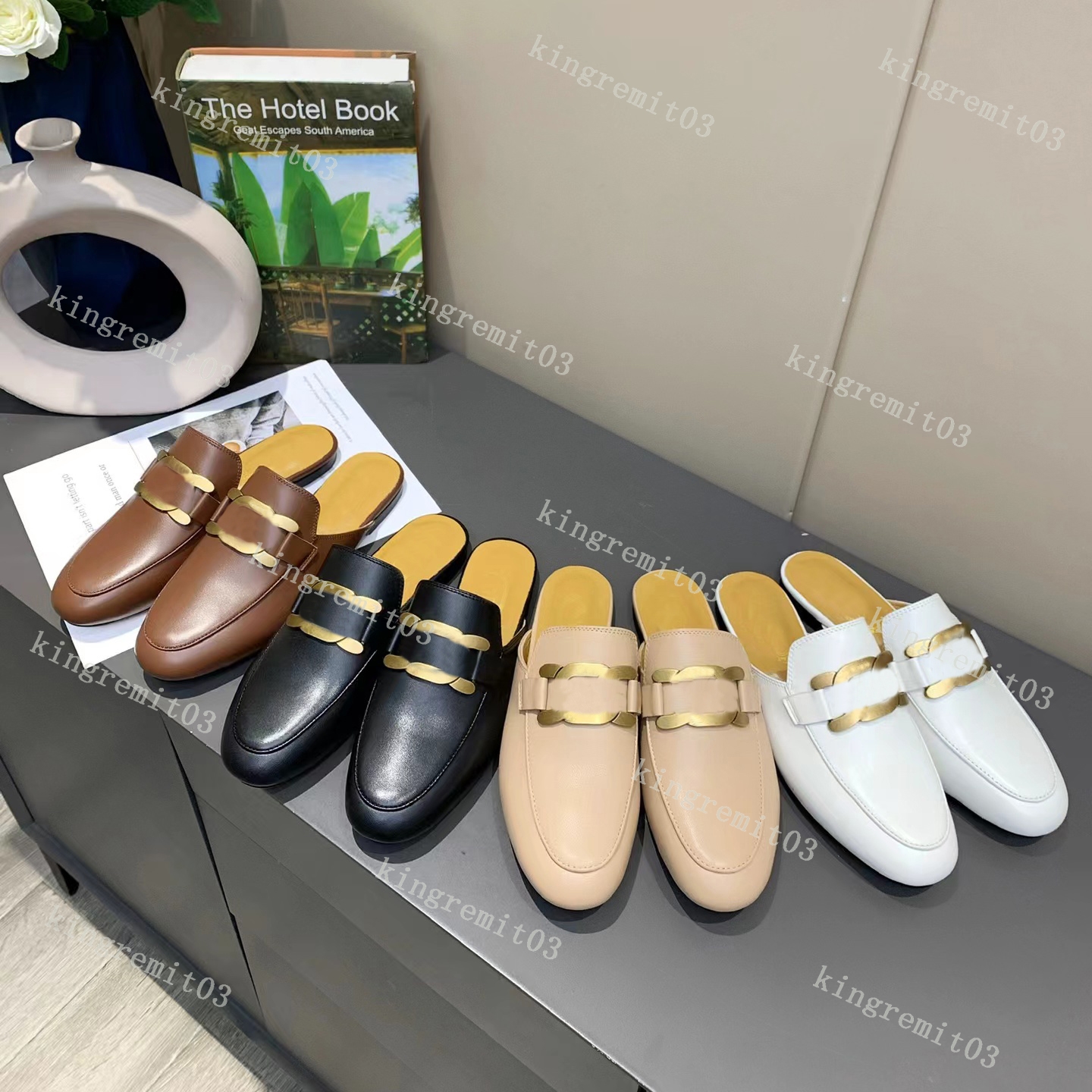 

Designer Slippers Loafers Mules Slides Women Genuine Leather Sandals Buckle Metal Chain Comfortable Flats Chunky High Heels Summer Casual Slides with box