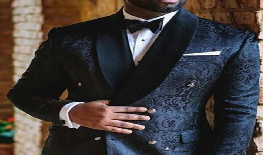 

New Navy Blue embroidery Wedding Mens Suits Double Breasted Custom Slim Fit Groom Tuxedos Shawl Lapel Two Piece Jacket Pants Male 8492928, Same as image