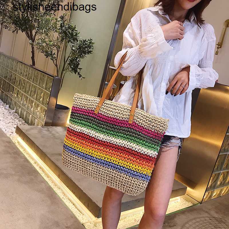 

Totes Rainbow Color Handbag Beach Rattan Woven Handmade Knitted Straw Large Capacity Tote Leather Women Shoulder Bag Bohemia stylisheendibags, Beige