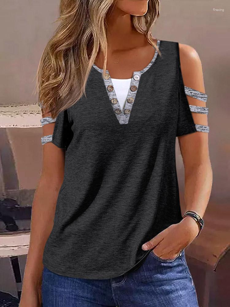 

Women's Tanks 2023 Women Sexy Button Cold Shoulder Fake Two-Piece Blouse Summer Casual Tank Solid Color Elastic Design Crop Tops, Black
