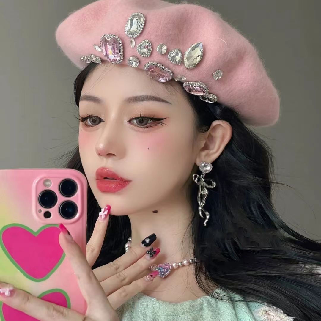 

Premium Wool Berets Korean Fashion Elegant Painter Cap Autumn and Winter Warm Japanese Handmade Rhinestone Beret Hats for Women