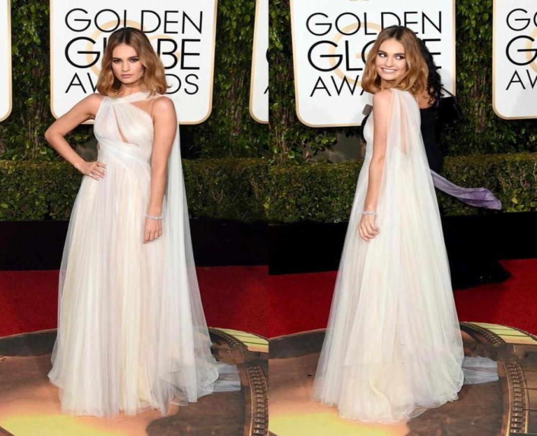 

2016 Chiffon Marchesa Celebrity Evening Dresses Lily James Red Carpet Golden Global Awards Prom Dresses White Backless Formal Even3221728