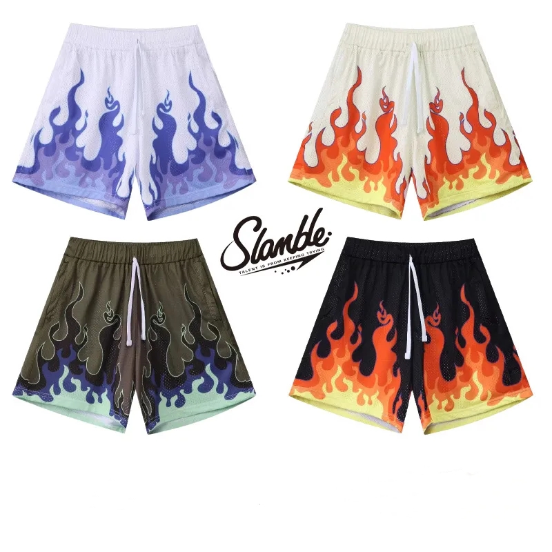 

SLAMBLE summer new national trend flame print mesh shorts men' loose sports quick drying breathable quarter pants, Beige