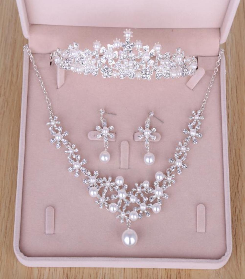 

2017 Cheap Shiny Bridal Jewelry Wedding Bridal Rhinestone Pearls Accessories Necklace Earring Ear Stud Style Sets Silver Quincea4707949