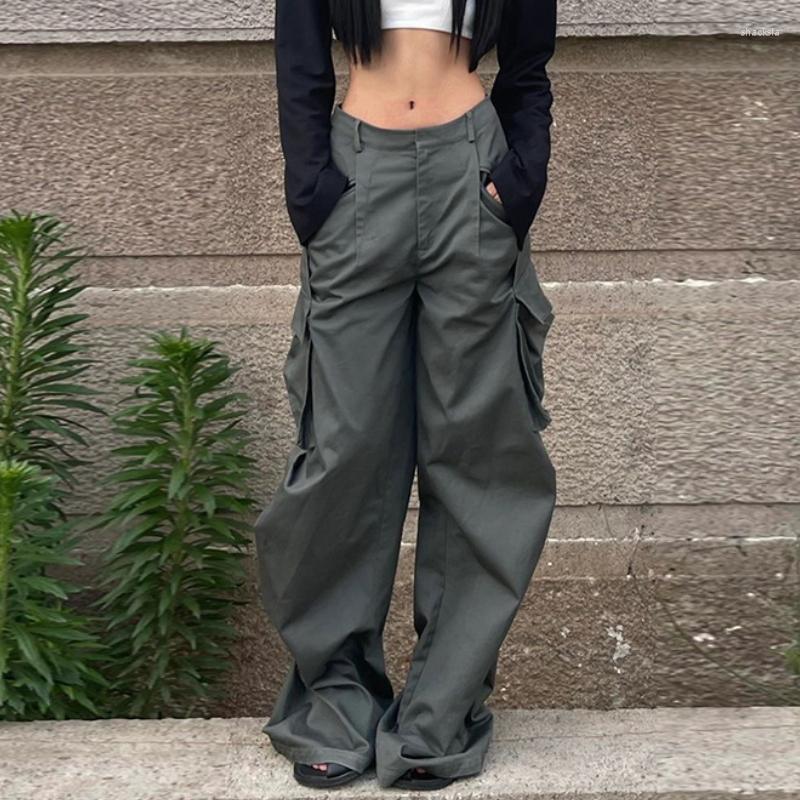 

Women' Pants Women' Cargo Trousers Pocket Low Waist Y2k Fairycore Vintage High Street Loose Baggy Straight Leg Wide, Gray