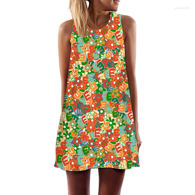 

Casual Dresses Summer Women's Vintage Mini Dress Fashion Letters And Flowers 3D Printing Sleeveless Hip Hop