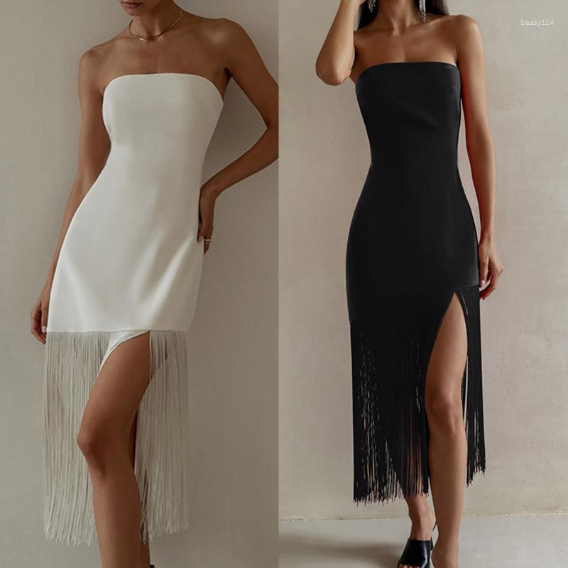 

Casual Dresses Black Fringe Sexy Tube Dress Bodycon Sleeveless Women Summer Long Evening Elegant White Backless Party Club Outfits