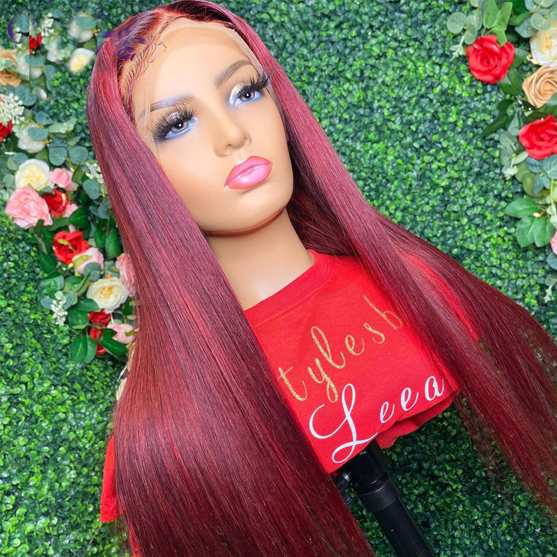 

26Inch 150%Density Soft Long Straight Natural Color Glueless Lace Front Wig For Black Women With Baby Hair, Burgundy