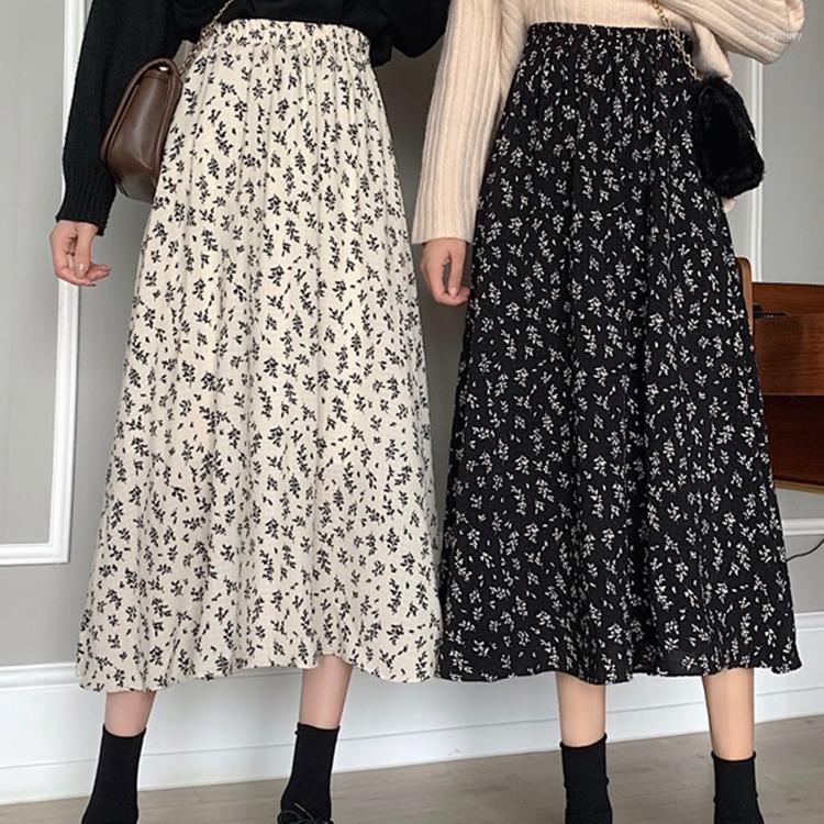 

Skirts 2023 Spring Summer Floral Print Women' Skirt Korean Fashion Clothing Elastic Waist Casual Style A-Line For Women, Bk